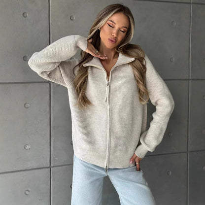 Damen Grobstrickpullover Norvielle Hochkragen Reißverschluss Beige