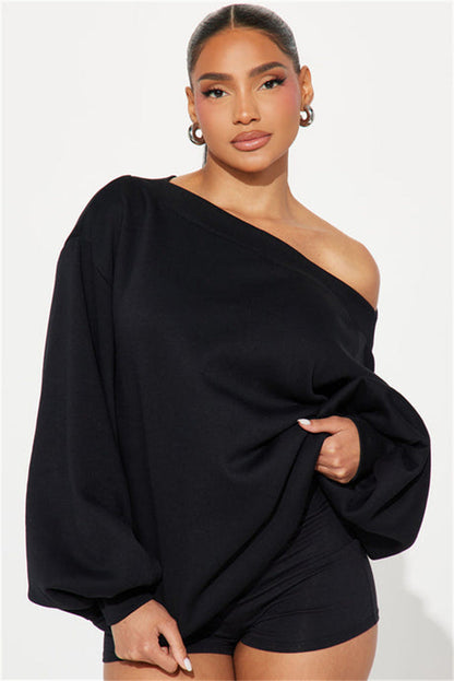 Damen Oversized Sweatshirt Asymmetrischer Ausschnitt Ballonärmel
