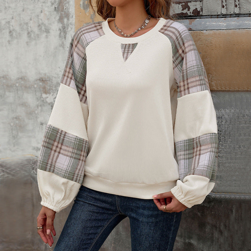 Damen Sweatshirt mit Karierten Ärmeln Lässig Grau - Norvielle
