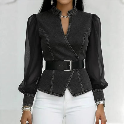 Damen JeansbluseTransparente Ärmel Tailliert
