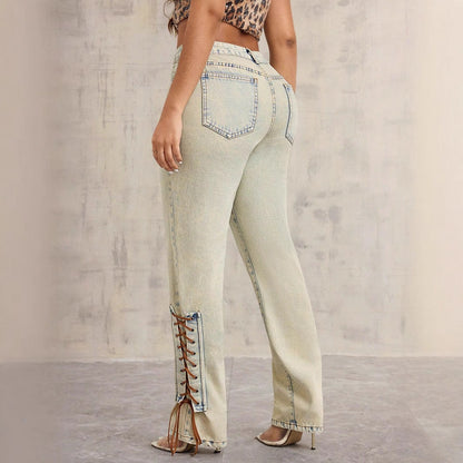 Damen High-Waist Jeans Schnürdetail