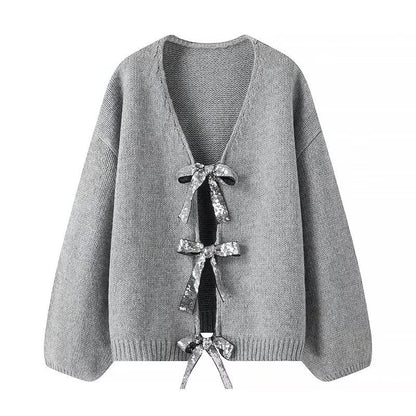 Damen Strickjacke Lockere Passform Elegante Schleifen Details Beige