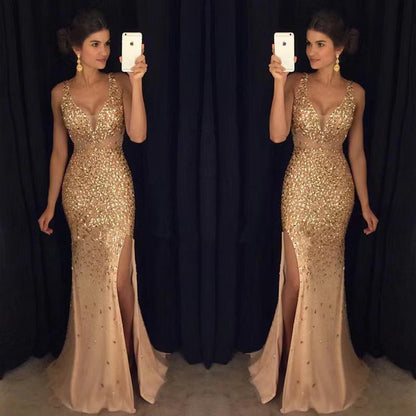 Damen Abendkleid Glitzernd Tiefes Dekolleté