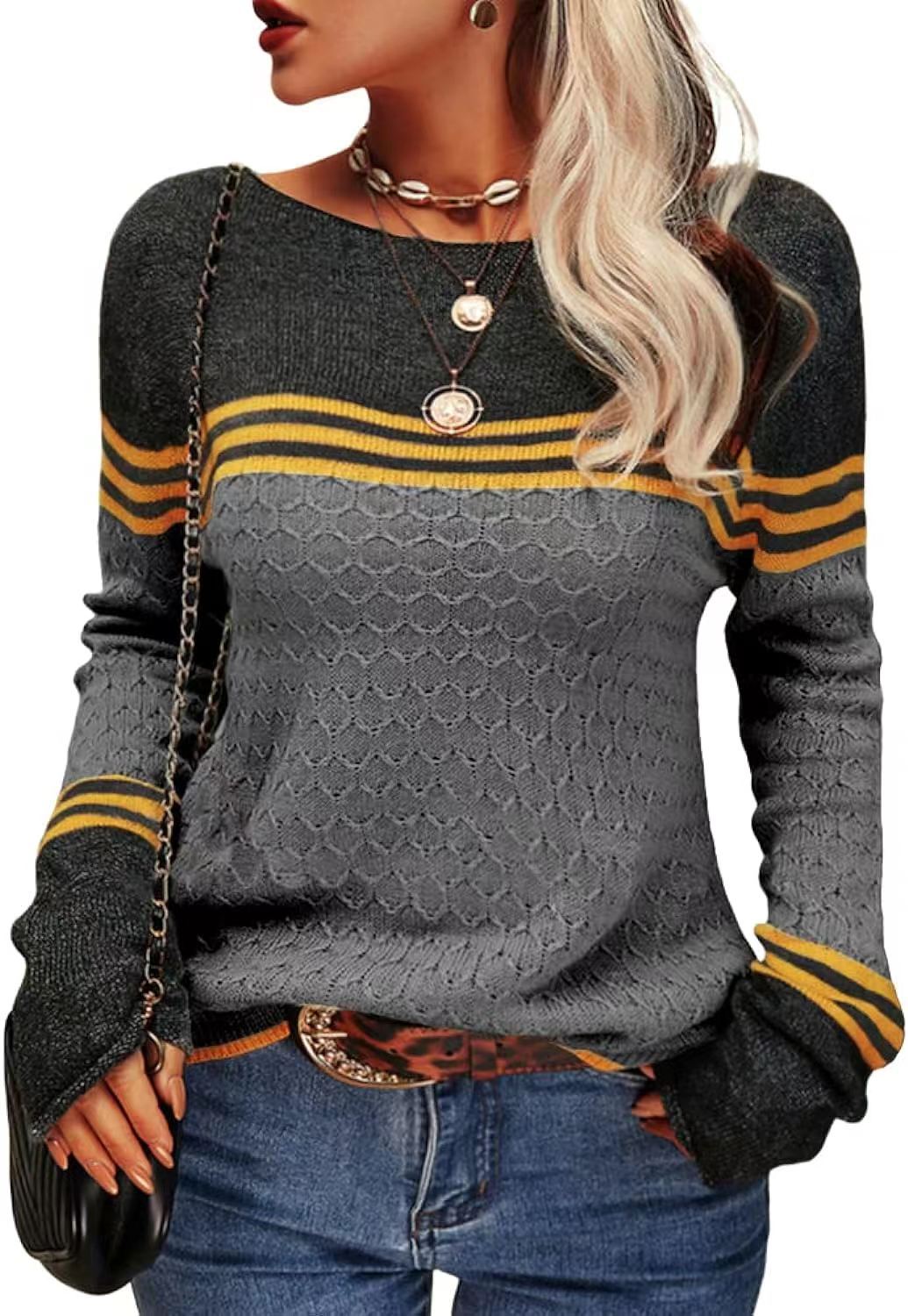 Damen Strickpullover Kontrastfarben Einzigartige Textur Norvielle