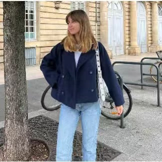 Damen Kurzjacke Lässiger Schnitt Doppelknopf Schwarz Norvielle - Norvielle