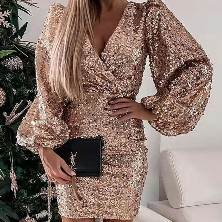 Damen Minikleid Glitzernd Ballonärmel Wickeloptik Norvielle - Norvielle