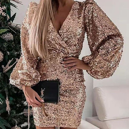 Damen Minikleid Glitzernd Ballonärmel Wickeloptik Norvielle - Norvielle