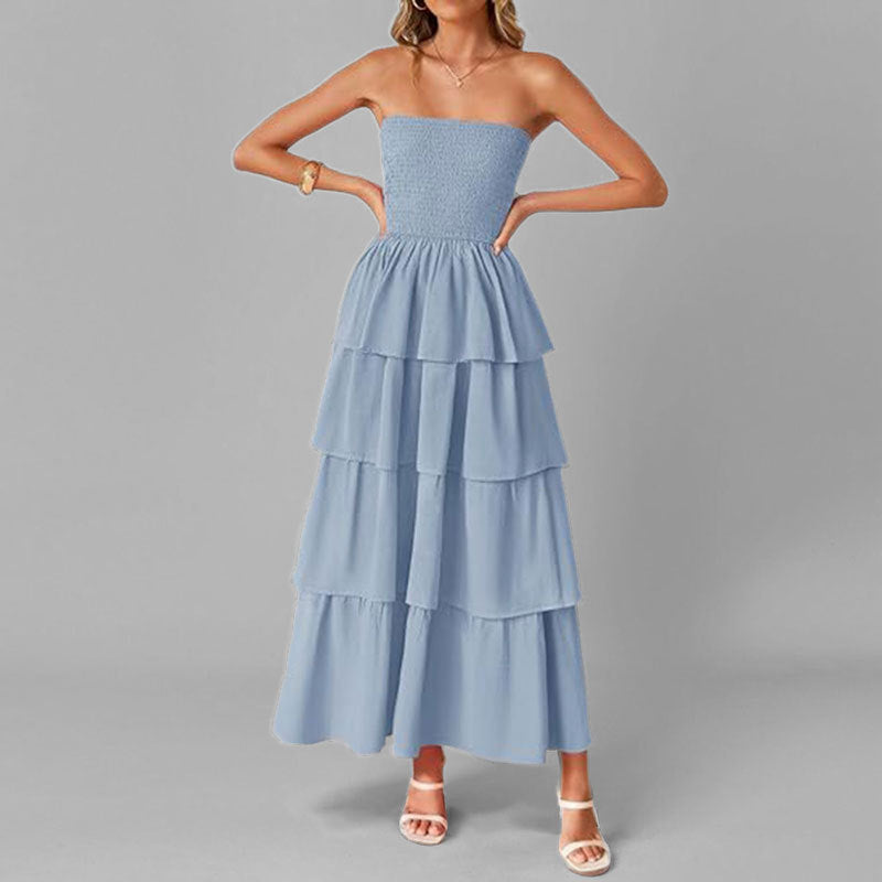 Damen Maxikleid Schulterfrei Voluminöse Rüschen