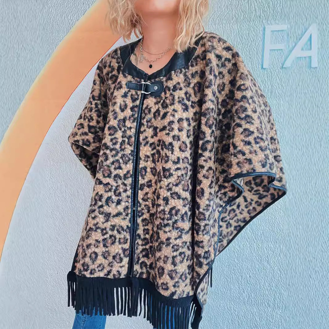 Damen Poncho mit Fransen Tierprint Norvielle