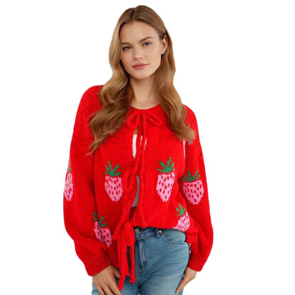 Damen Strickpullover Erdbeermotiv Ballonärmel Rosa