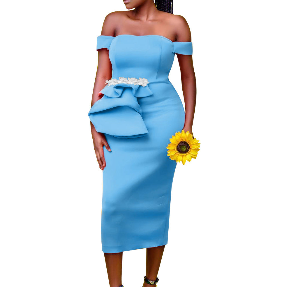Damen Midi-Kleid Asymmetrische Träger Floralmuster