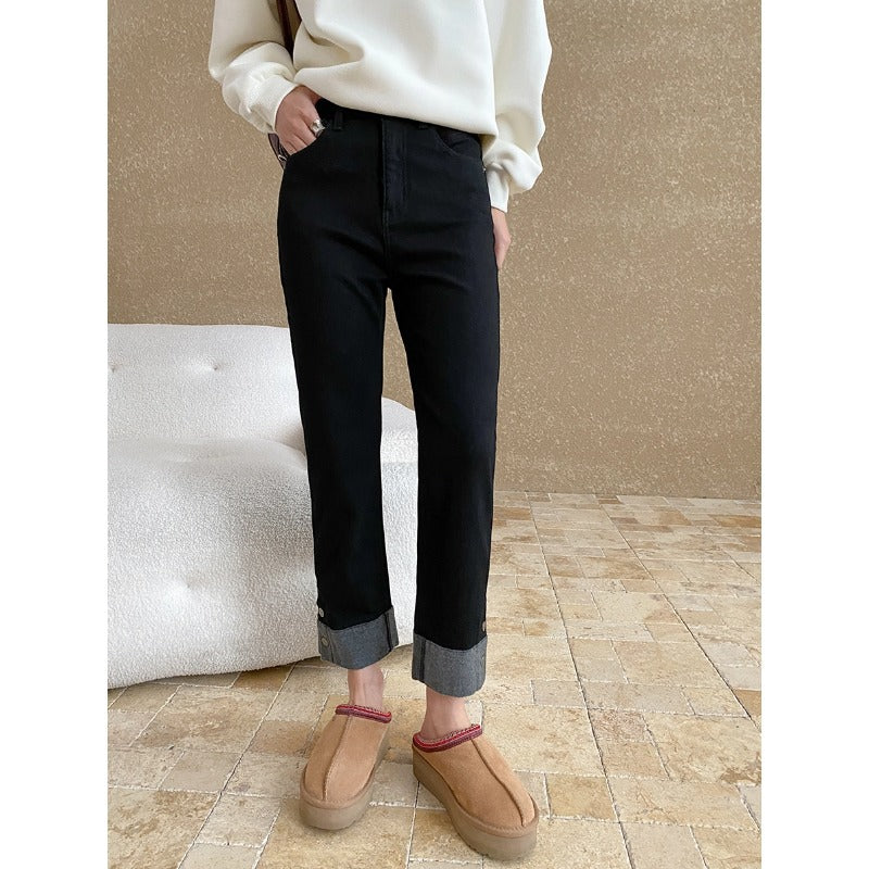 Damen Hochtaillierte Jeans Umschlag-Saum Blau - Norvielle