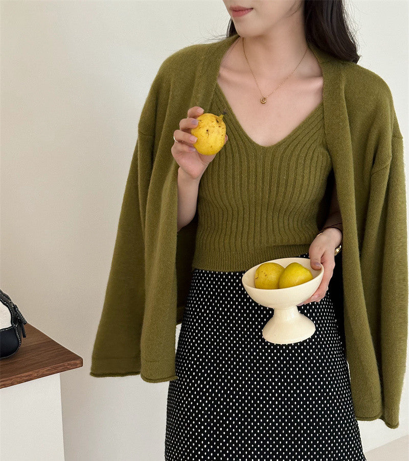 Damen Strickcardigan Offene Ärmel Weich Flauschig Beige