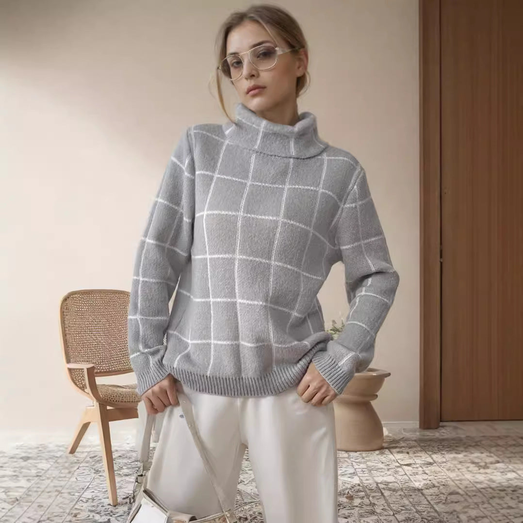Damen Grobstrickpullover Karomuster Hochkragen Beige - Norvielle