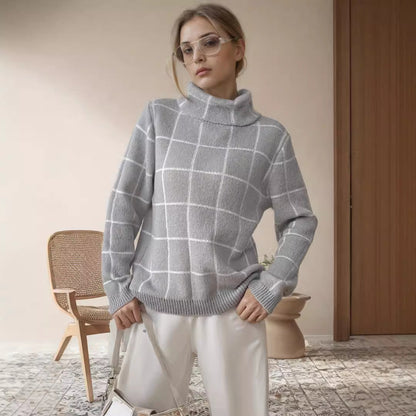 Damen Grobstrickpullover Karomuster Hochkragen Beige - Norvielle