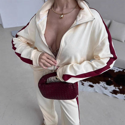 Damen Fleece-Sweat-Set mit hohem Kragen und Streifen Norvielle
