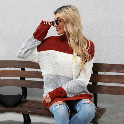 Damen Strickpullover Hochkragen Blockstreifen Norvielle