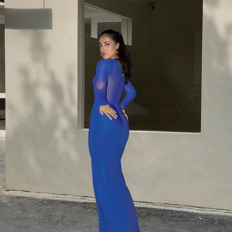 Damen Elegantes Maxikleid mit transparenten Ärmeln und Drapierung