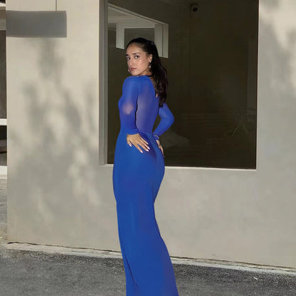 Damen Elegantes Maxikleid mit transparenten Ärmeln und Drapierung