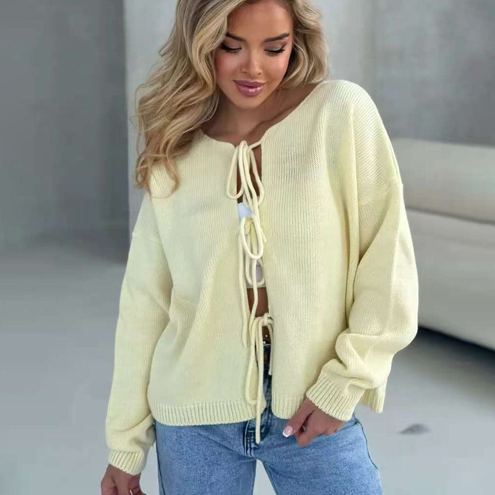 Damen Grobstrickpullover Lässiger Schnitt Mit Bindebändern Beige