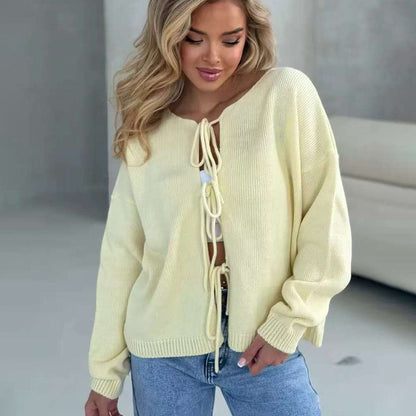 Damen Grobstrickpullover Lässiger Schnitt Mit Bindebändern Beige