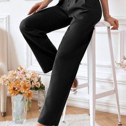 Damen Hochbund-Hose Slim Fit Faltenwurf Schwarz - Norvielle