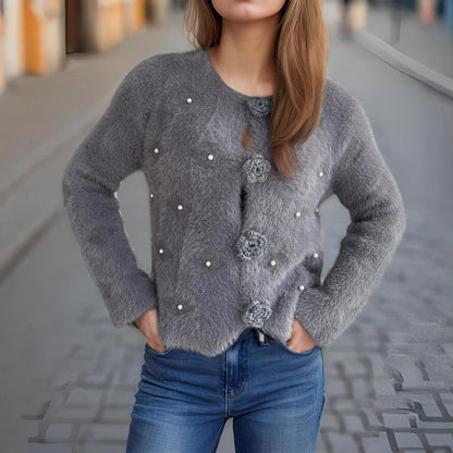 Damen Strickjacke Blumenapplikationen Perlenakzente Norvielle
