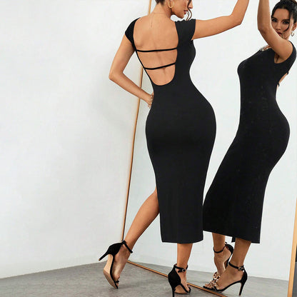 Damen Midi-Kleid mit Seitenschlitz und Eleganter Rückenpartie