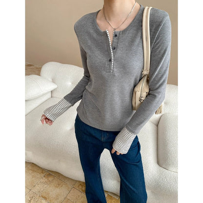 Damen Langarmshirt Gestreift Knopfverschluss Weiß