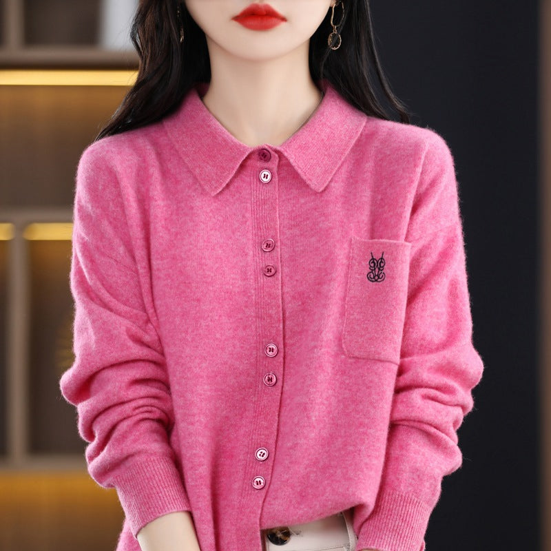 Damen Strickjacke Langärmlig Elegant Kragen Knopfleiste - Norvielle