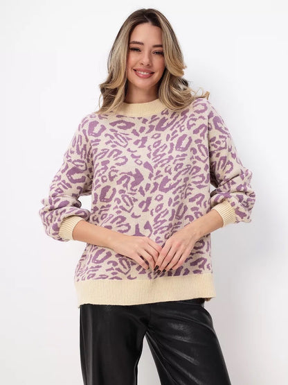 Damen Grobstrickpullover Leopardenmuster Lässiger Schnitt
