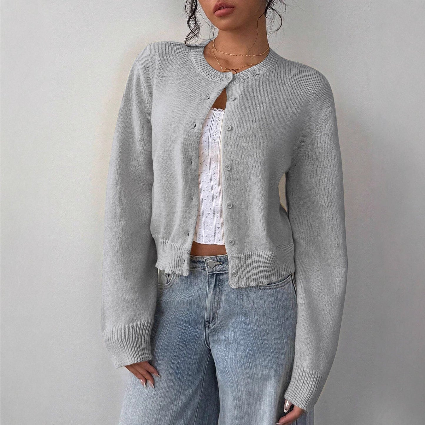 Damen Strickjacke Rippstruktur Knöpfe Beige - Norvielle