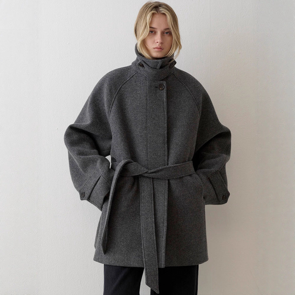 Damen Wollmantel mit Hochkragen und Taillengürtel Norvielle - Norvielle