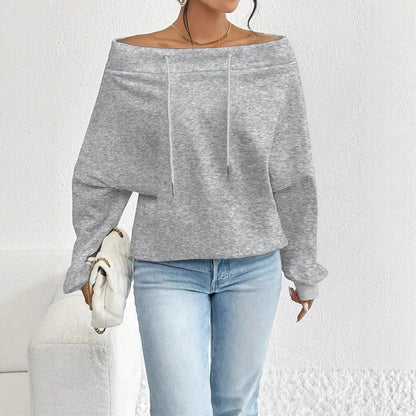Damen Oversized Pullover Offener Kragen Kordelzug Beige