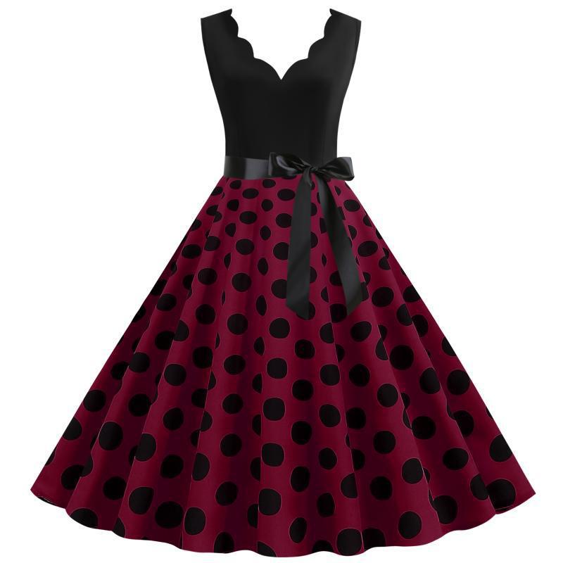 Damen A-Linien Kleid mit Polka-Dots Muster und Taillengürtel - Norvielle
