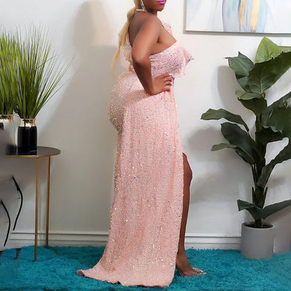 Norvielle Damen Abendkleid Asymmetrisch Fließender Rock Glanzstoff