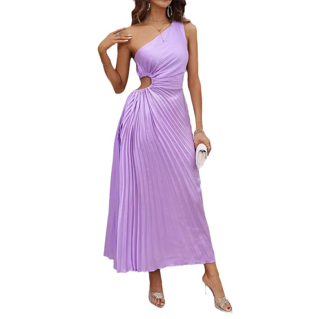 Damen Maxikleid Plissiert Asymmetrischer Träger Elegant