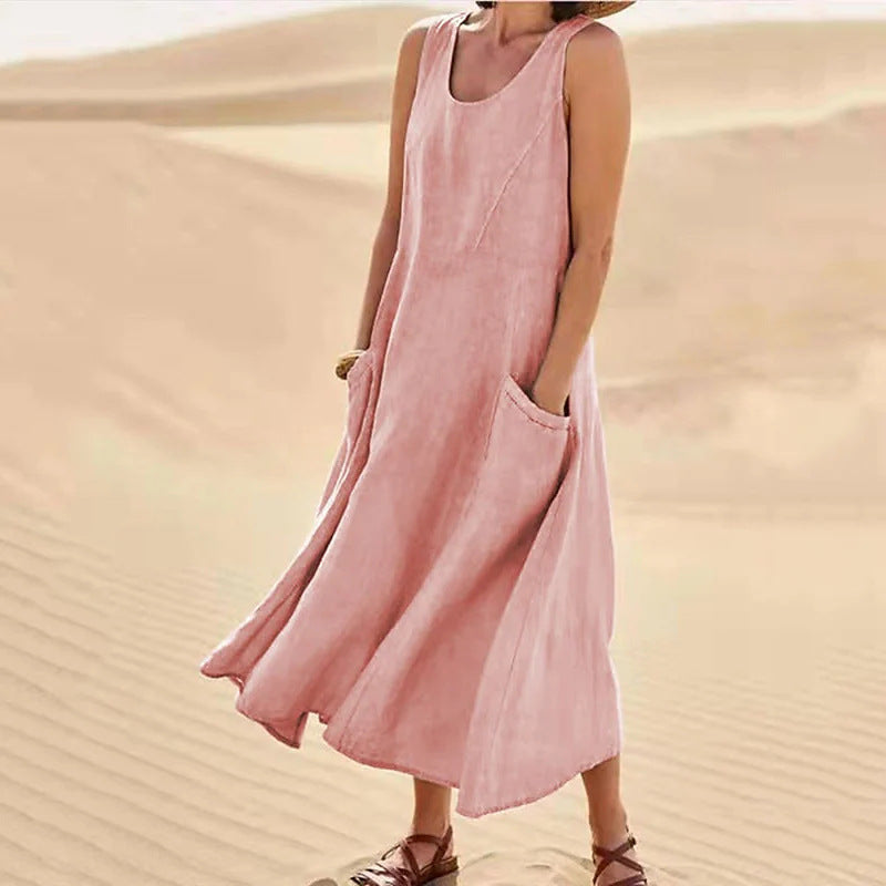 Norvielle Damen Ärmelloses Kleid Baumwolle Rundhalsausschnitt