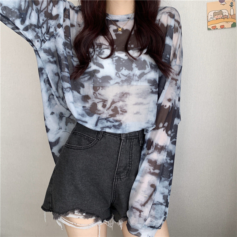 Damen Longsleeve-Oberteil Transparent Tie-Dye-Muster