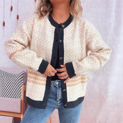 Damen Strickjacke Geometrisches Muster Elegante Knöpfe Beige