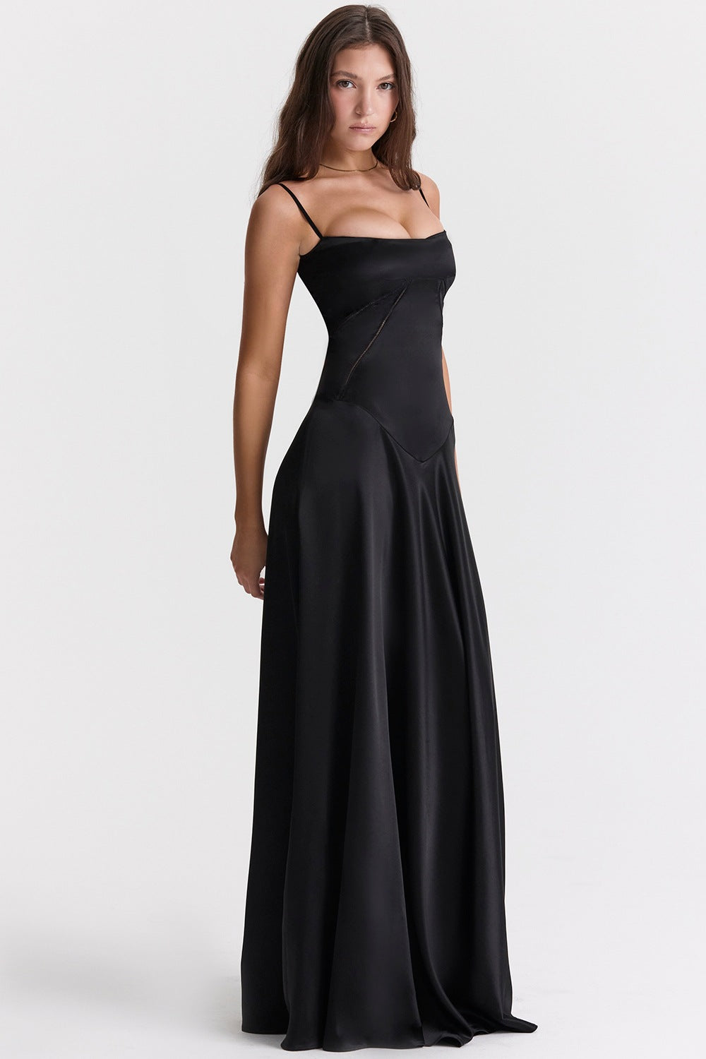 Damen Satin Maxikleid mit Trägern Figurbetont