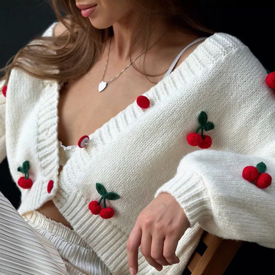 Damen Strickcardigan mit Kirschapplikationen Rosa