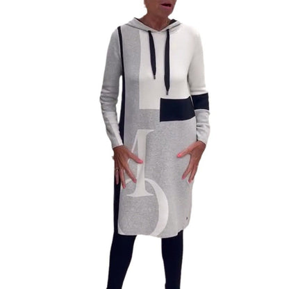 Damen Kapuzenkleid Grafisches Muster Seitentaschen Norvielle