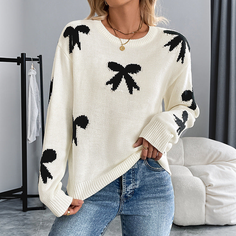 Damen Pullover Gestrickt Schleifenmuster Beige - Norvielle