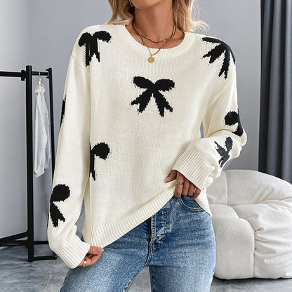 Damen Pullover Gestrickt Schleifenmuster Beige - Norvielle