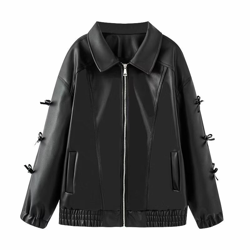 Damen Lederjacke Elastischer Bund Schwarz - Norvielle