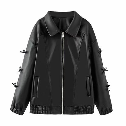 Damen Lederjacke Elastischer Bund Schwarz - Norvielle