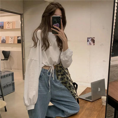 Damen Cropped Sweatshirt Oversized Ärmel Kordelzug Grau