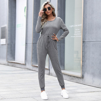 Damen Jumpsuit Elastischer Bund Kordelzug Beige