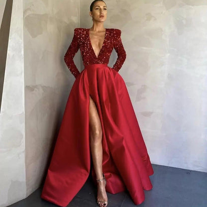 Damen Abendkleid V-Ausschnitt Glitzer Norvielle